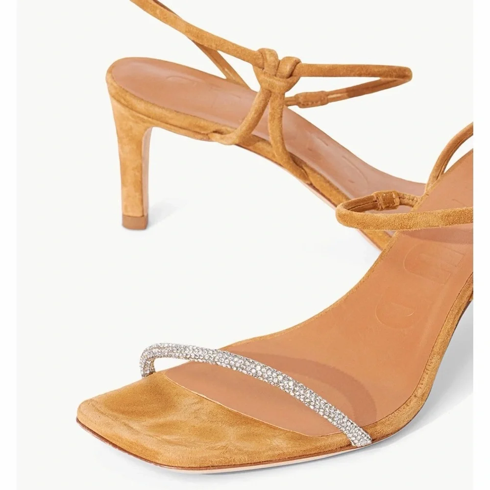 STAUD Tan Suede Strappy Heeled Sandals Rhinestone laurel Crystal heel size 38.5 - Picture 14 of 16